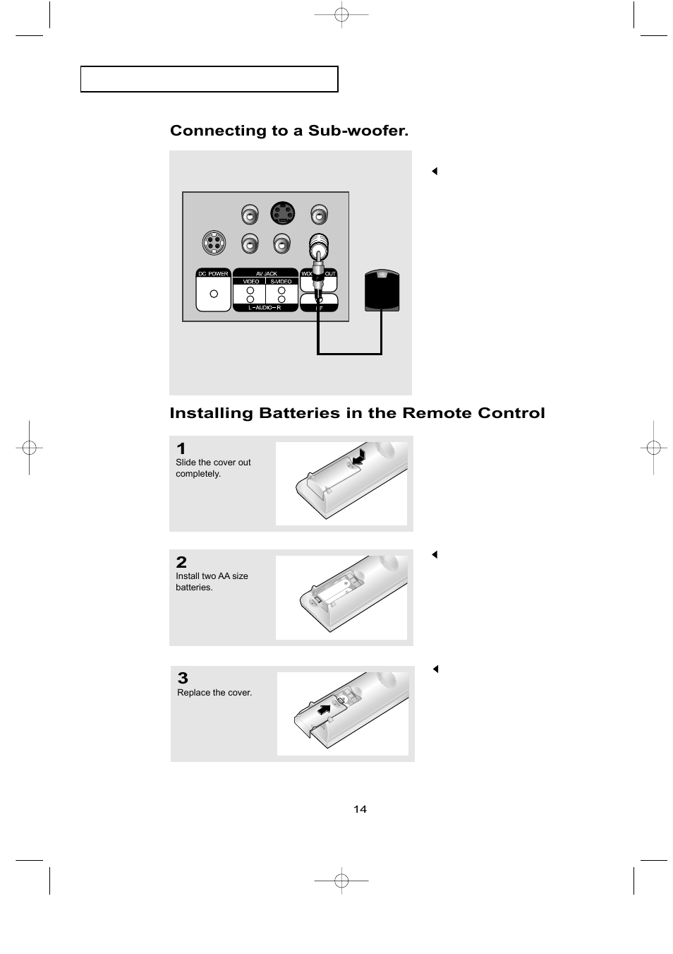 Connecting to a sub-woofer, Installing batteries in the remote control | Samsung LTN226WX-XAC User Manual | Page 22 / 72