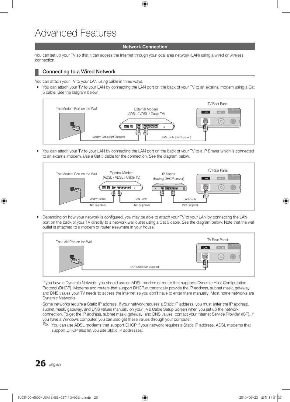 Advanced features, Network connection, Connecting to a wired network | Connecting to a wireless network, Media play | Samsung UN55C6500VFXZA User Manual | Page 26 / 64