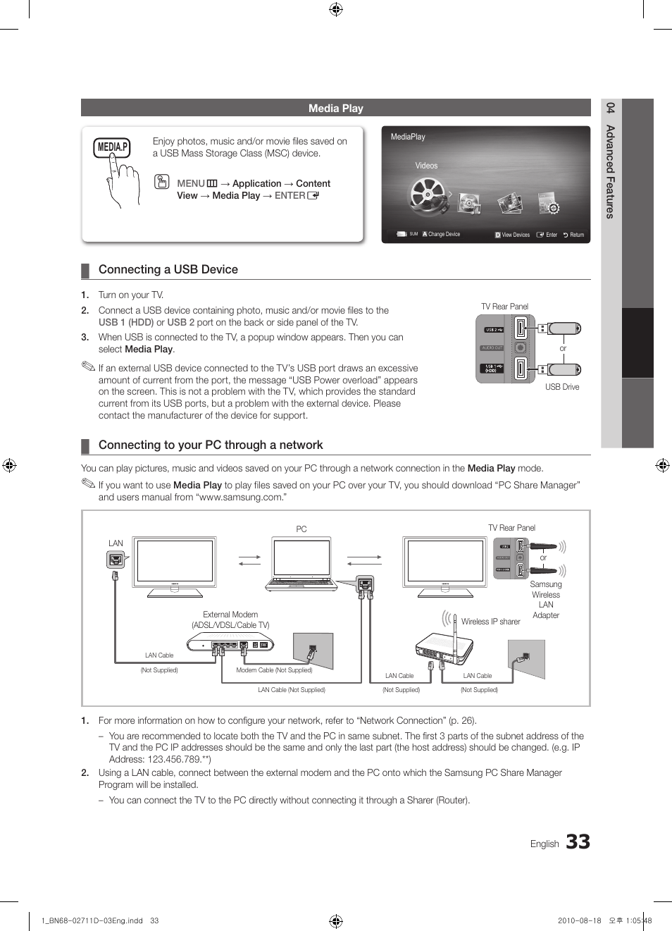 Media play, Connecting to your pc through a network, Screen display | Playing multiple files, Connecting a usb device | Samsung UN55C6500VFXZA User Manual | Page 33 / 64