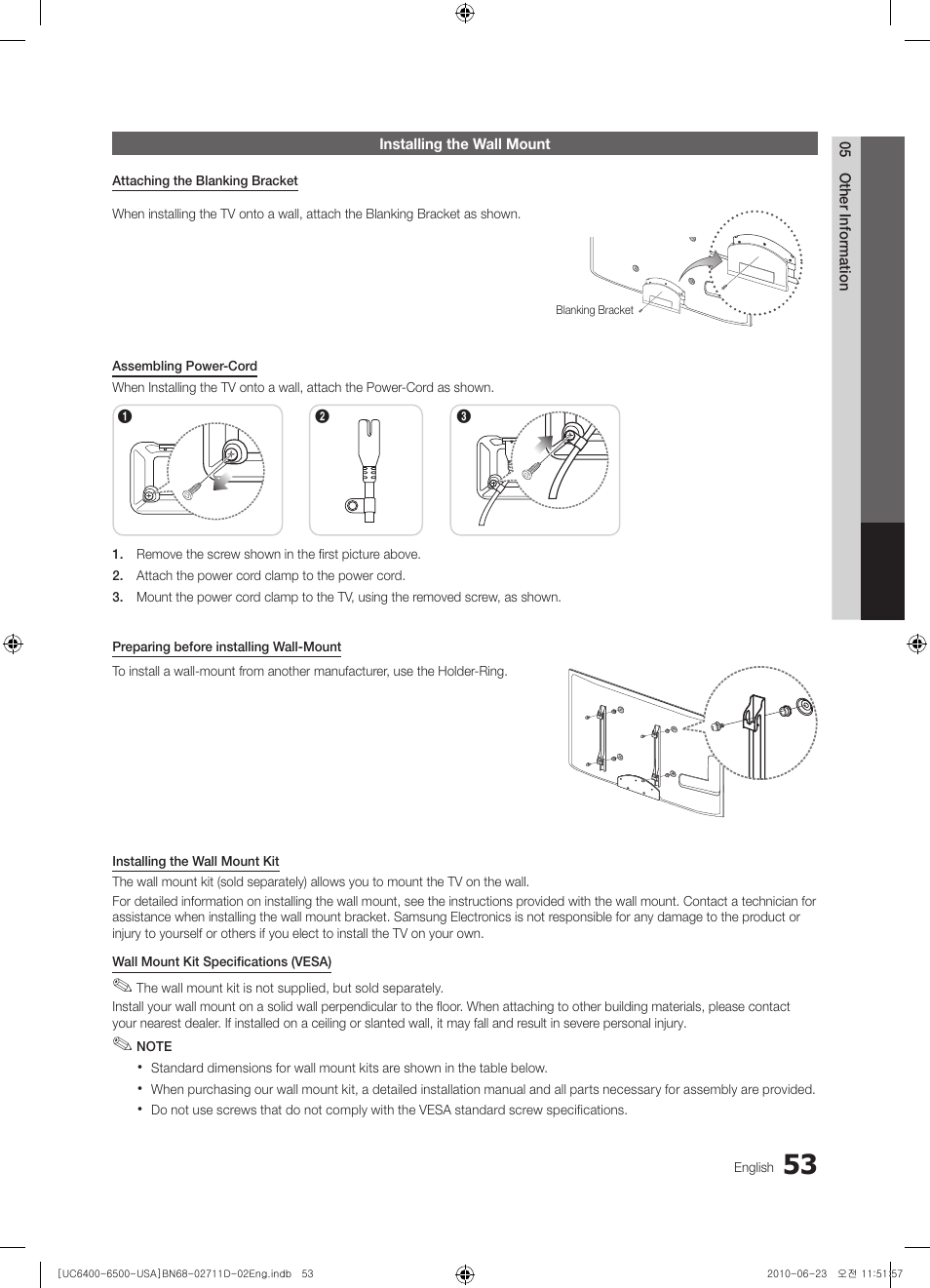 Installing the wall mount, Securing the tv to the wall | Samsung UN55C6500VFXZA User Manual | Page 53 / 64