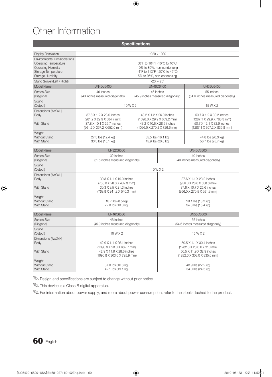 Specifications, Dimensions, Other information | Samsung UN55C6500VFXZA User Manual | Page 60 / 64