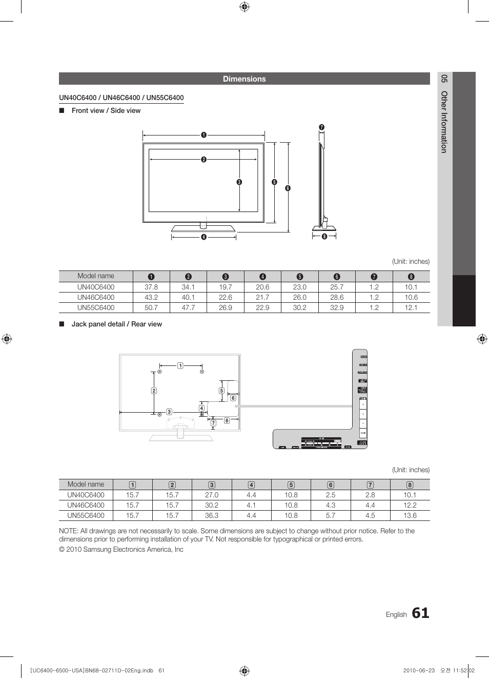 Dimensions, Index | Samsung UN55C6500VFXZA User Manual | Page 61 / 64