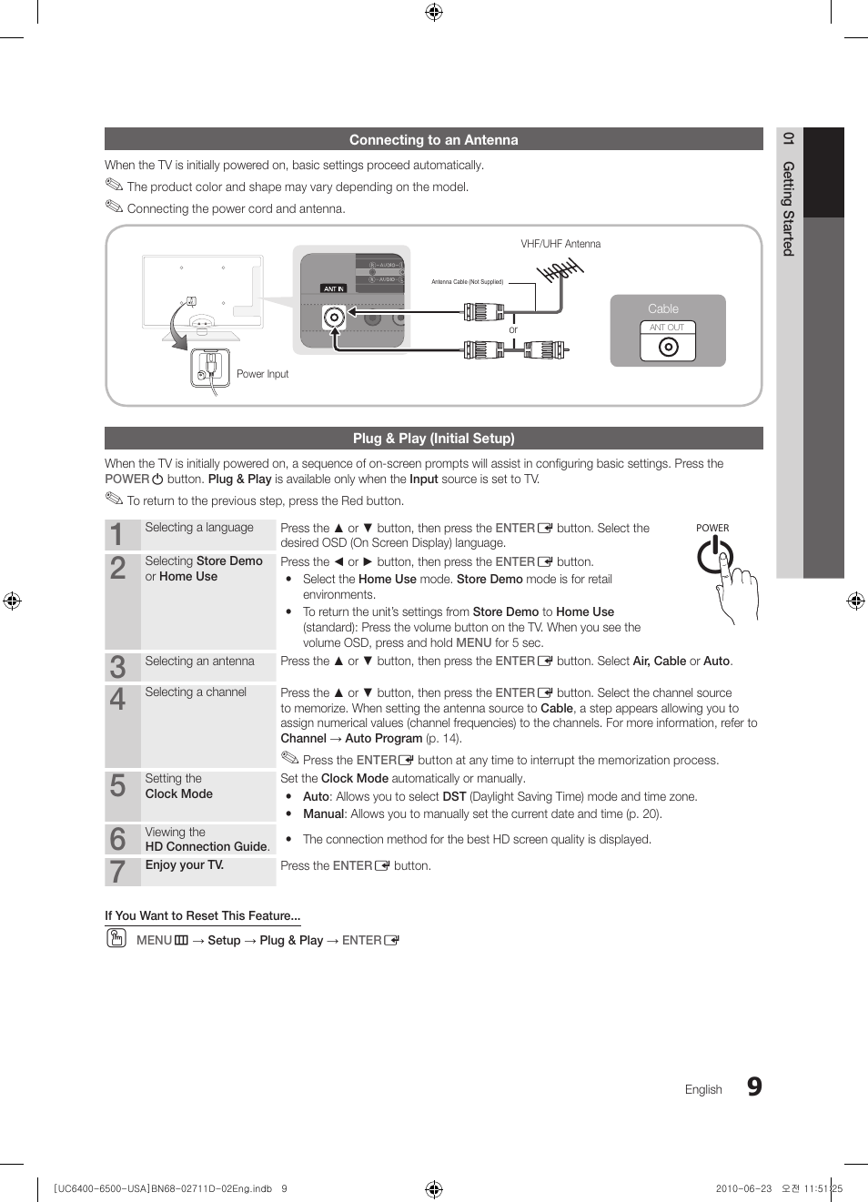 Connecting to an antenna, Plug & play (initial setup) | Samsung UN55C6500VFXZA User Manual | Page 9 / 64