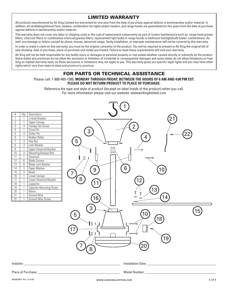 Limited warranty, For parts or technical assistance | Air King 9856M1 User Manual | Page 4 / 4