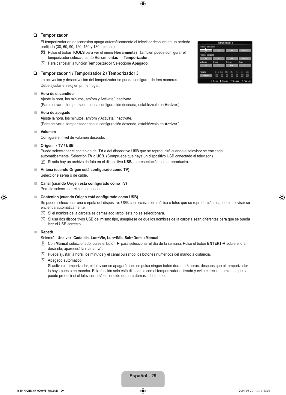 Español - 29 temporizador, Temporizador 1 / temporizador 2 / temporizador | Samsung LN40B640R3FUZA User Manual | Page 123 / 173