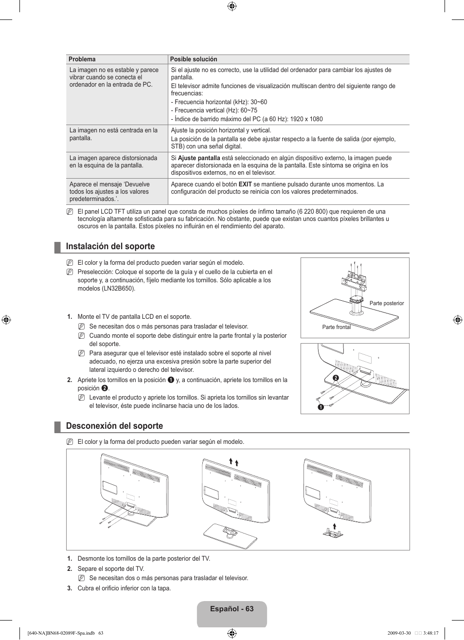 Instalación del soporte, Desconexión del soporte | Samsung LN40B640R3FUZA User Manual | Page 157 / 173