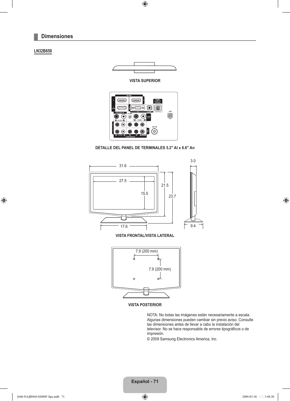 Dimensiones | Samsung LN40B640R3FUZA User Manual | Page 165 / 173