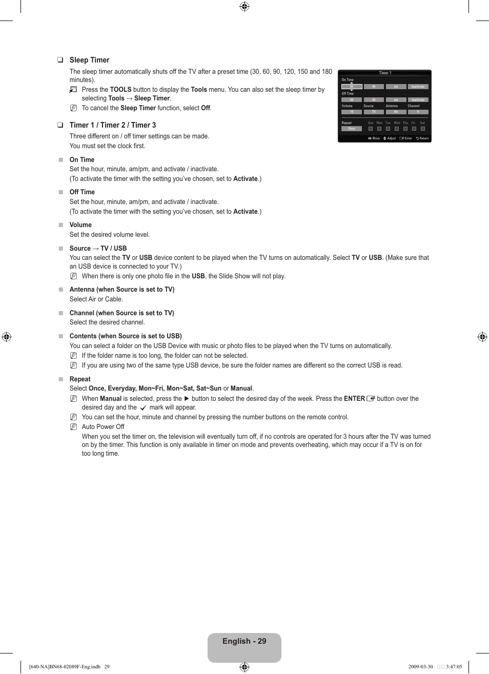 English - 29 sleep timer, Timer 1 / timer 2 / timer | Samsung LN40B640R3FUZA User Manual | Page 31 / 173