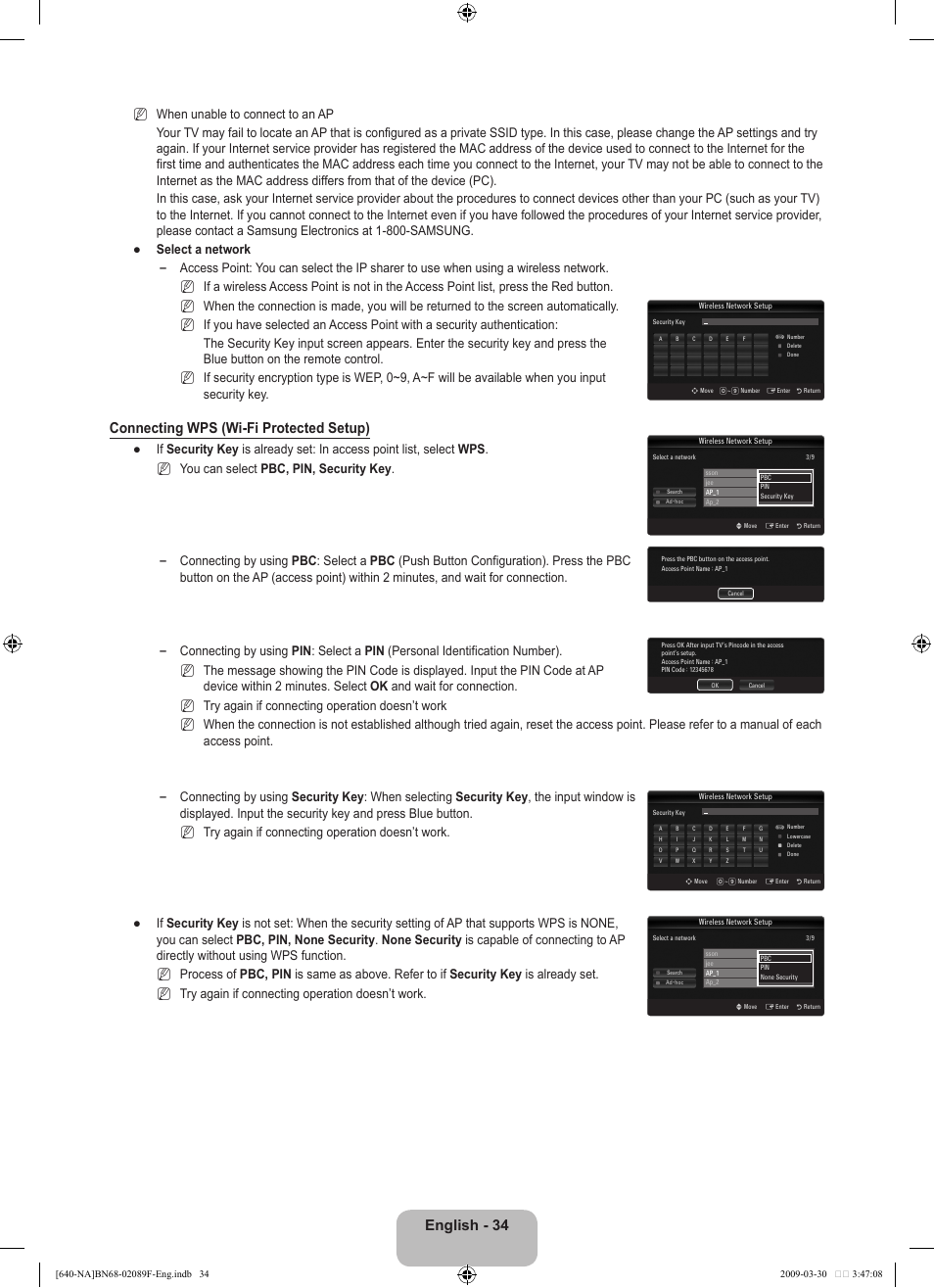 English - 4, Connecting wps (wi-fi protected setup) | Samsung LN40B640R3FUZA User Manual | Page 36 / 173
