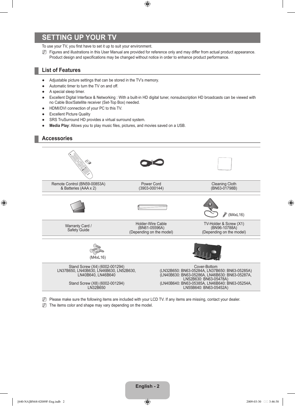 Setting up your tv, List of features, Accessories | Samsung LN40B640R3FUZA User Manual | Page 4 / 173