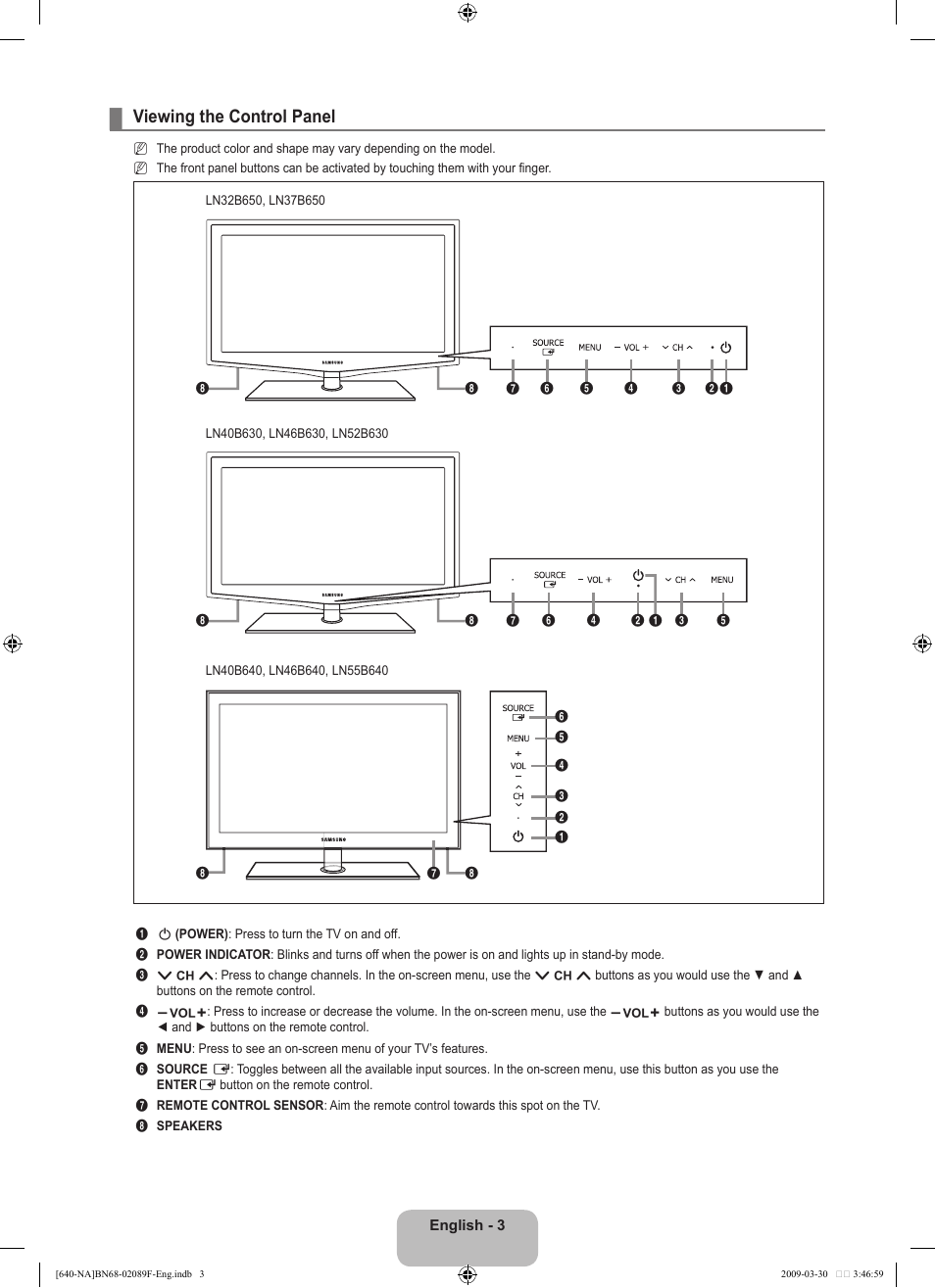 Viewing the control panel | Samsung LN40B640R3FUZA User Manual | Page 5 / 173
