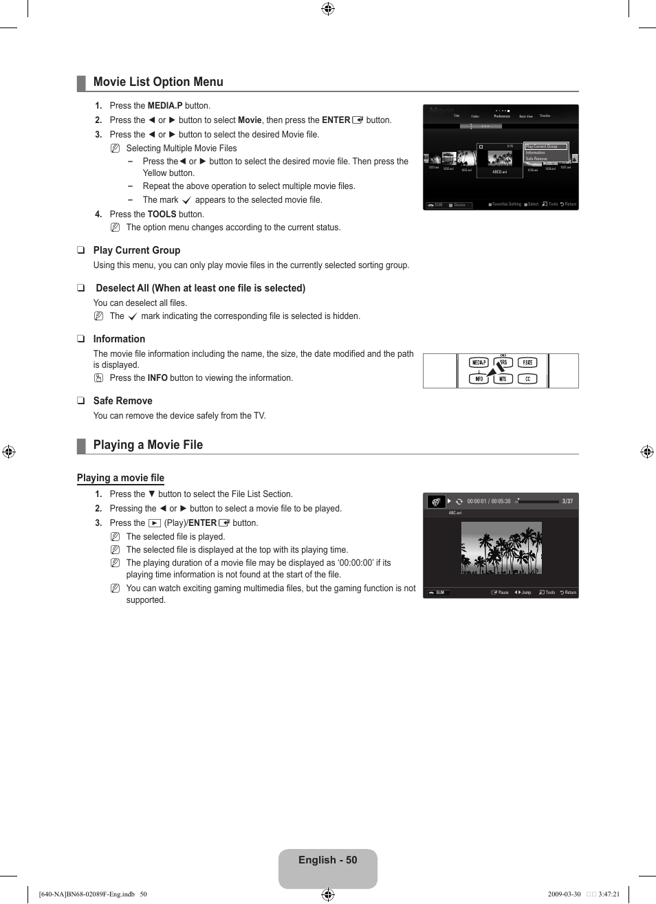 Movie list option menu, Playing a movie file, English - 0 | Play current group, Deselect all (when at least one file is selected), Information, Safe remove | Samsung LN40B640R3FUZA User Manual | Page 52 / 173