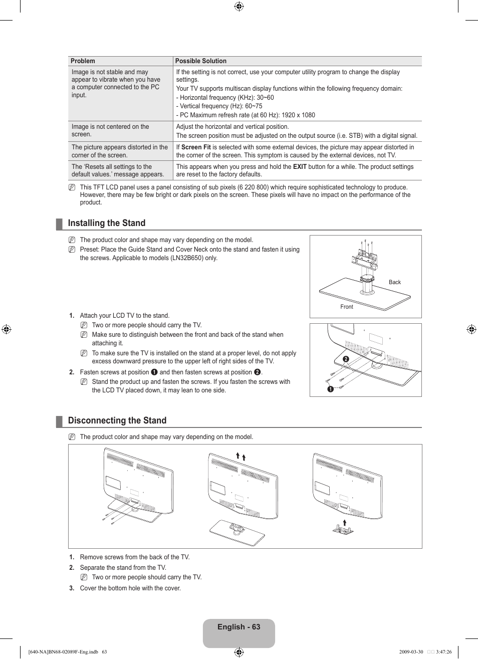 Installing the stand, Disconnecting the stand | Samsung LN40B640R3FUZA User Manual | Page 65 / 173