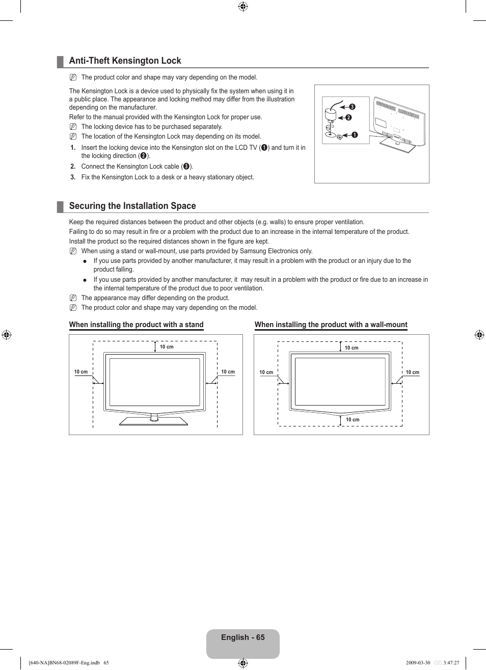 Anti-theft kensington lock, Securing the installation space | Samsung LN40B640R3FUZA User Manual | Page 67 / 173