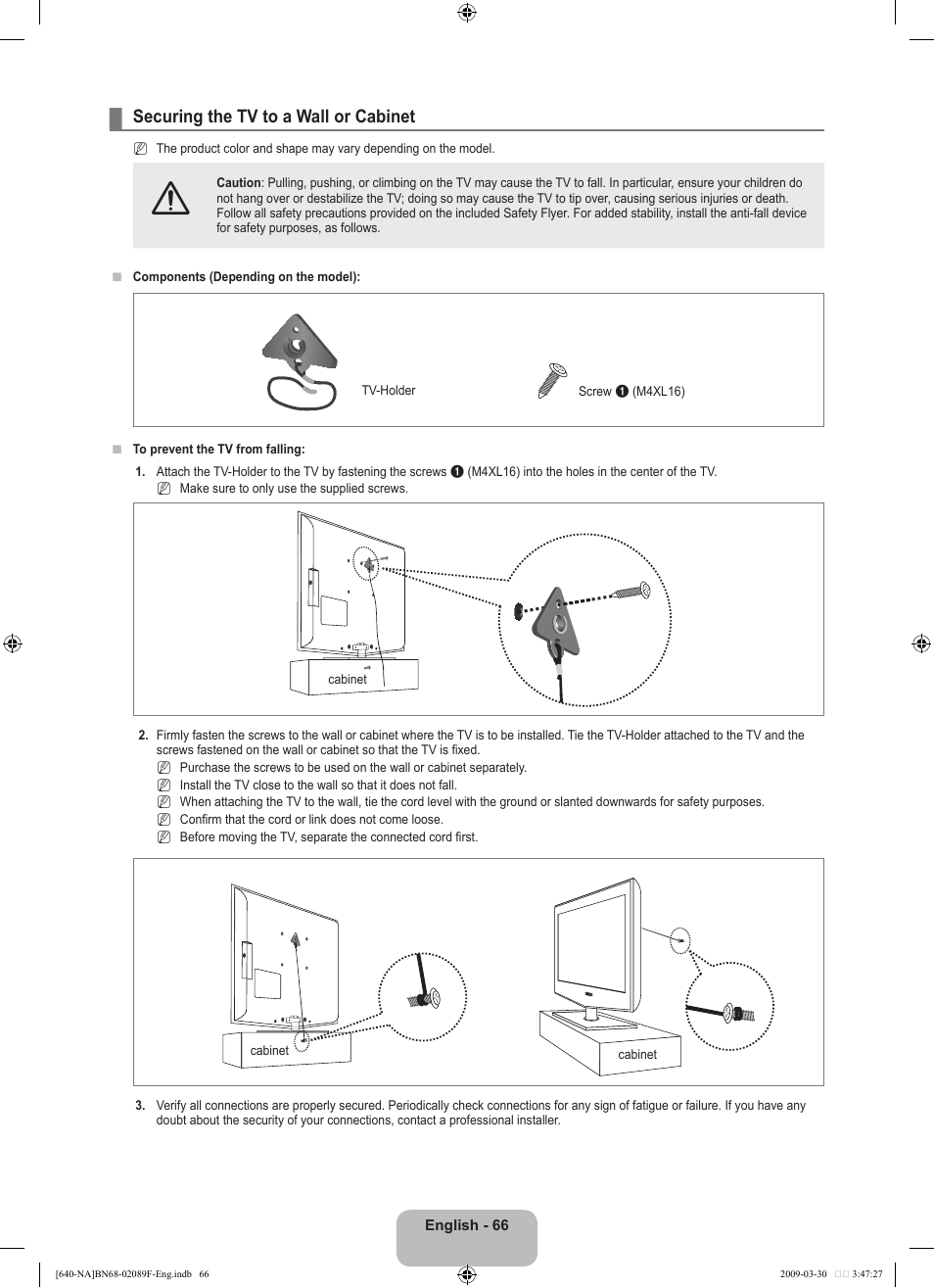 Securing the tv to a wall or cabinet | Samsung LN40B640R3FUZA User Manual | Page 68 / 173