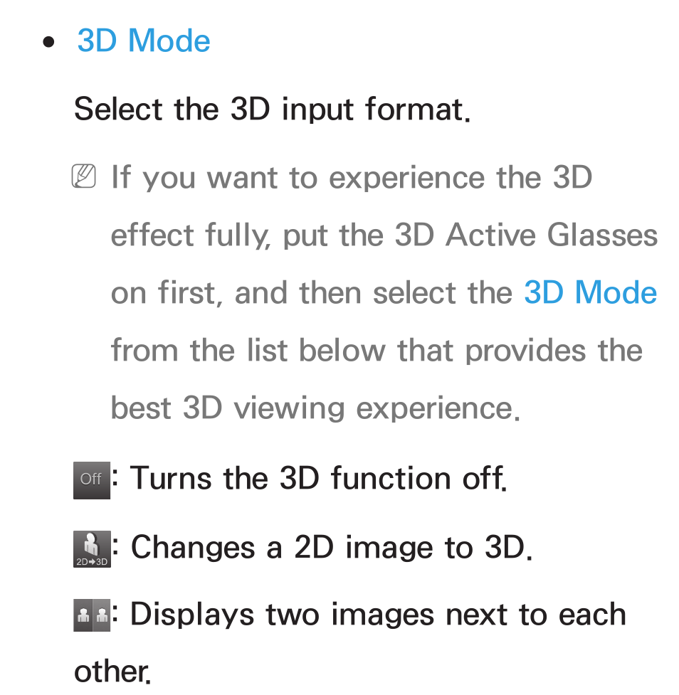 3d mode select the 3d input format | Samsung UN55ES6580FXZA User Manual | Page 274 / 675
