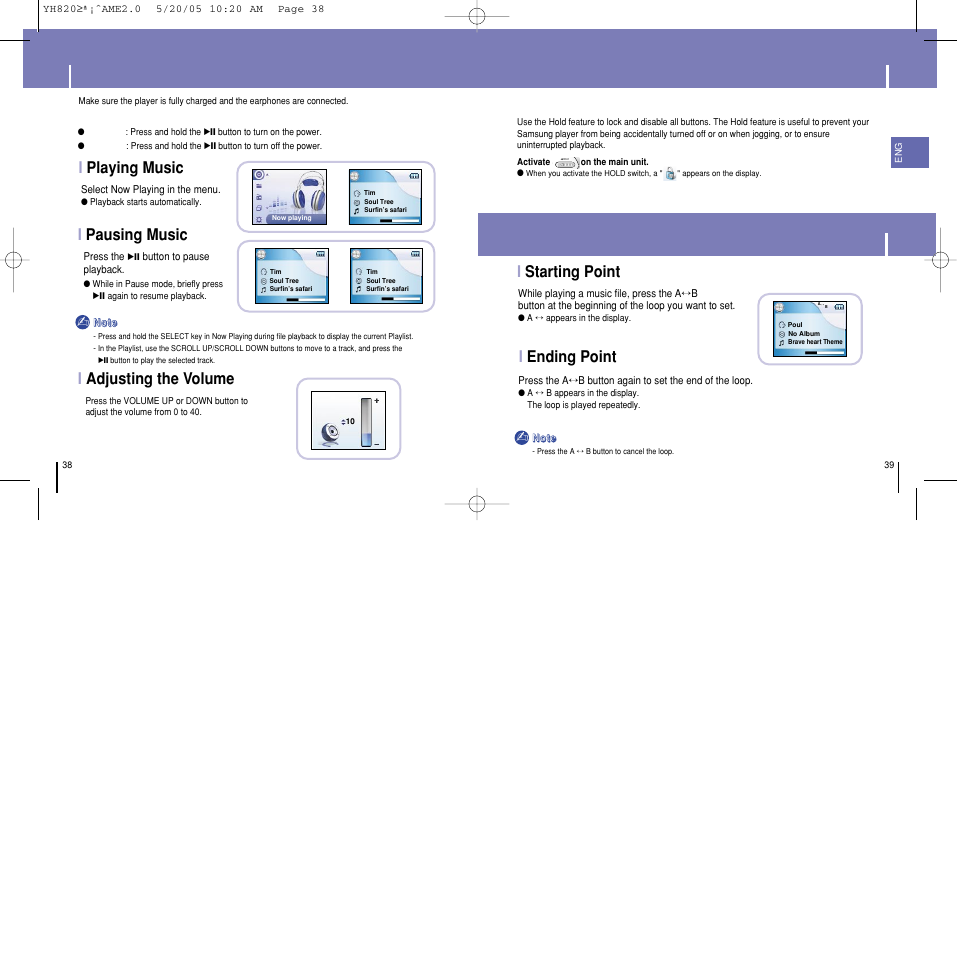 Playing music, Hold feature, Loop repeating | Istarting point, Iending point, Iplaying music i pausing music, Iadjusting the volume | Samsung YH-820MC-XAA User Manual | Page 20 / 35