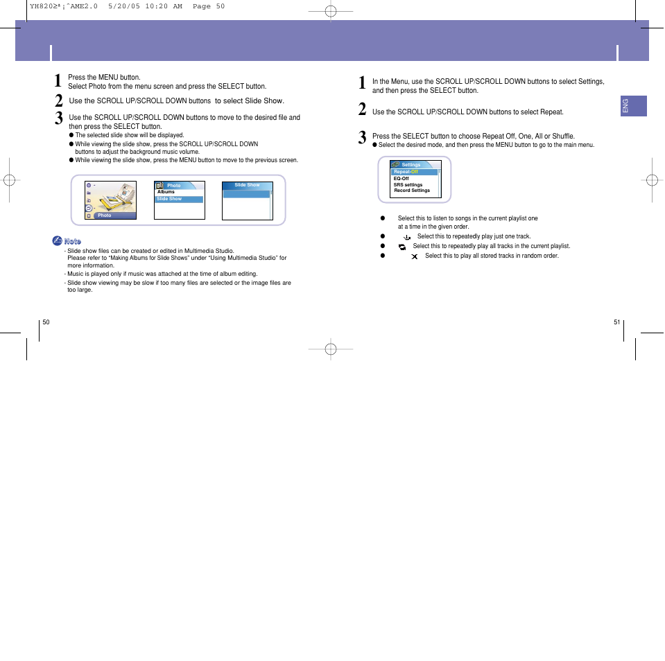 Viewing slide show, Shuffle and repeat playback | Samsung YH-820MC-XAA User Manual | Page 26 / 35