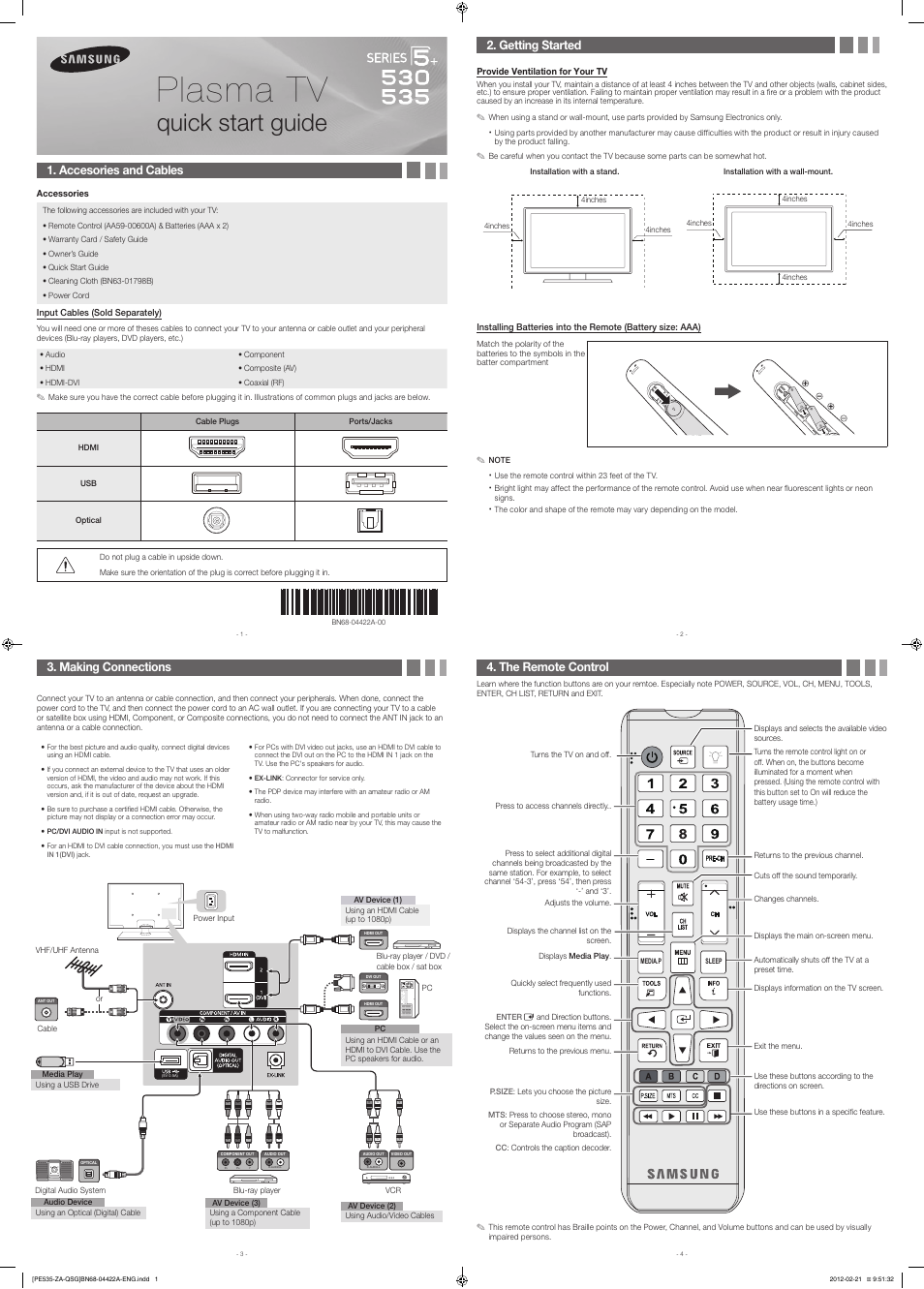 Samsung PN51E535A3FXZA User Manual | 2 pages