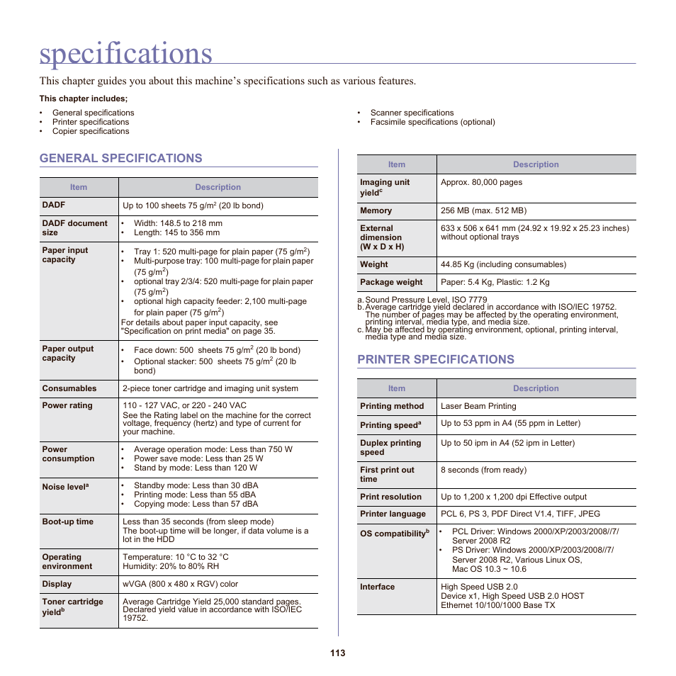 Specifications, General specifications, Printer specifications | See "specifications" on, General specifications printer specifications | Samsung SCX-6555N-XBG User Manual | Page 113 / 175