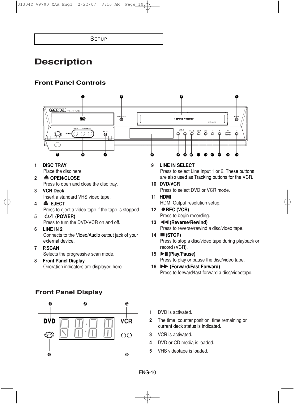 Description, Front panel display, Front panel controls | Samsung DVD-V9700-XAA User Manual | Page 10 / 88