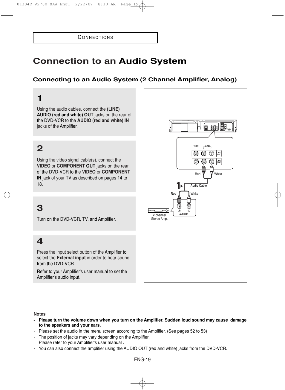 Connection to an audio system | Samsung DVD-V9700-XAA User Manual | Page 19 / 88