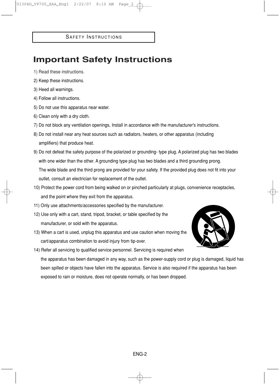 Safety instructions, Important safety instructions | Samsung DVD-V9700-XAA User Manual | Page 2 / 88