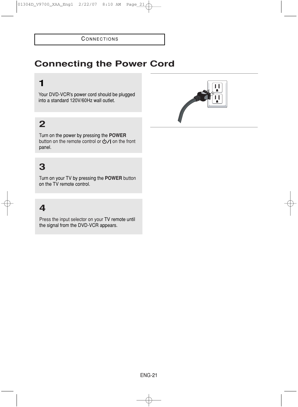 Connecting the power cord | Samsung DVD-V9700-XAA User Manual | Page 21 / 88