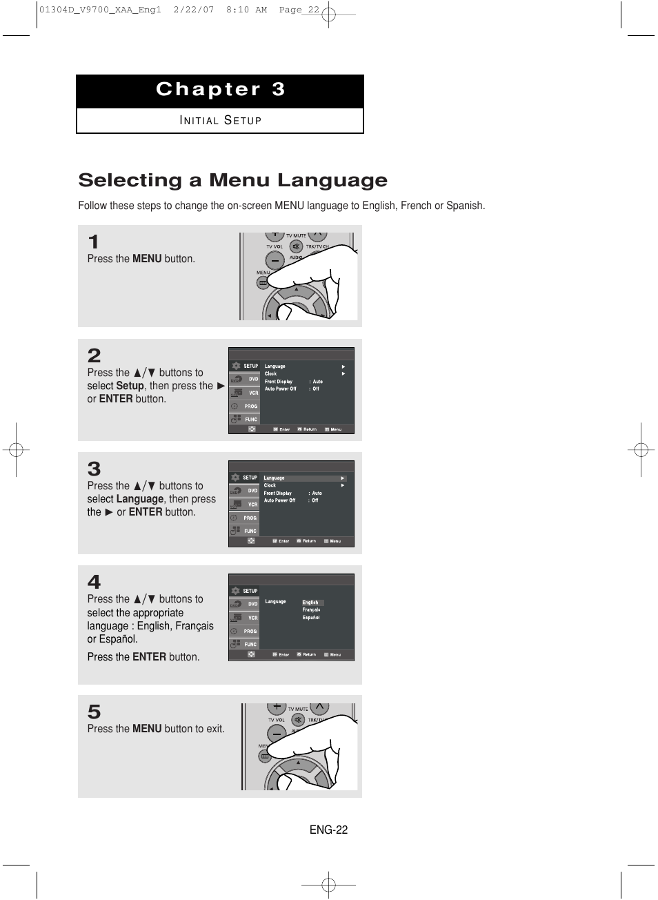 Chapter 3, Selecting a menu language | Samsung DVD-V9700-XAA User Manual | Page 22 / 88