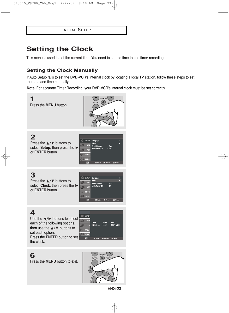 Setting the clock, Setting the clock manually | Samsung DVD-V9700-XAA User Manual | Page 23 / 88