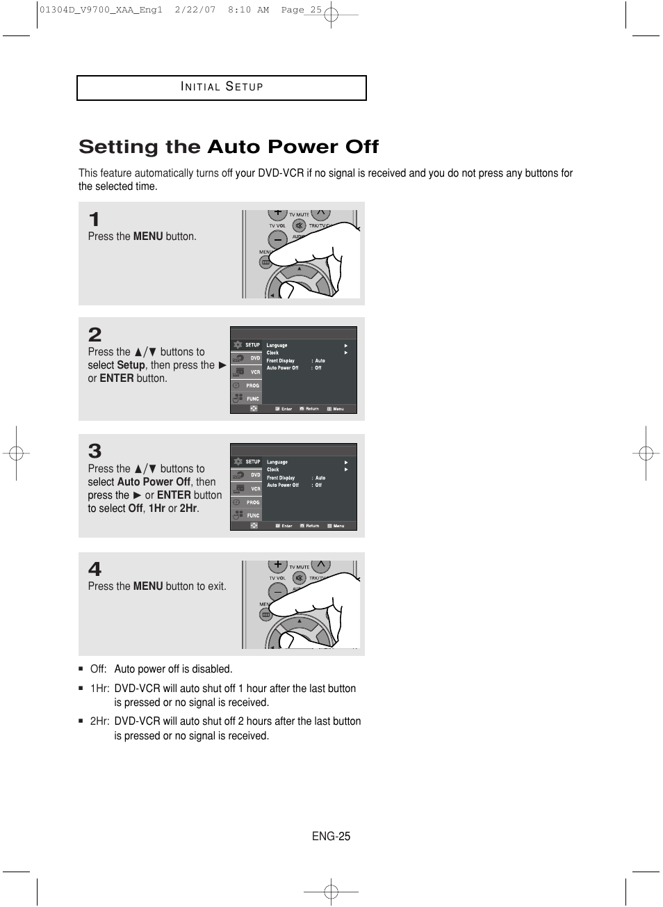 Setting the auto power off | Samsung DVD-V9700-XAA User Manual | Page 25 / 88