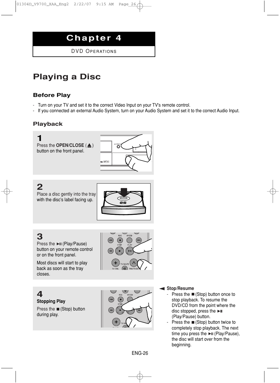 Chapter 4 : dvd operations, Playing a disc | Samsung DVD-V9700-XAA User Manual | Page 26 / 88