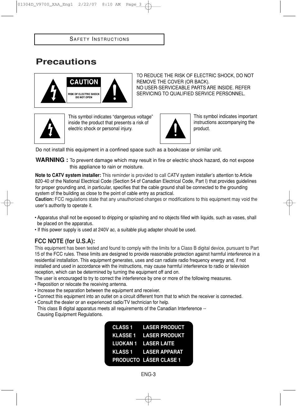 Precautions | Samsung DVD-V9700-XAA User Manual | Page 3 / 88