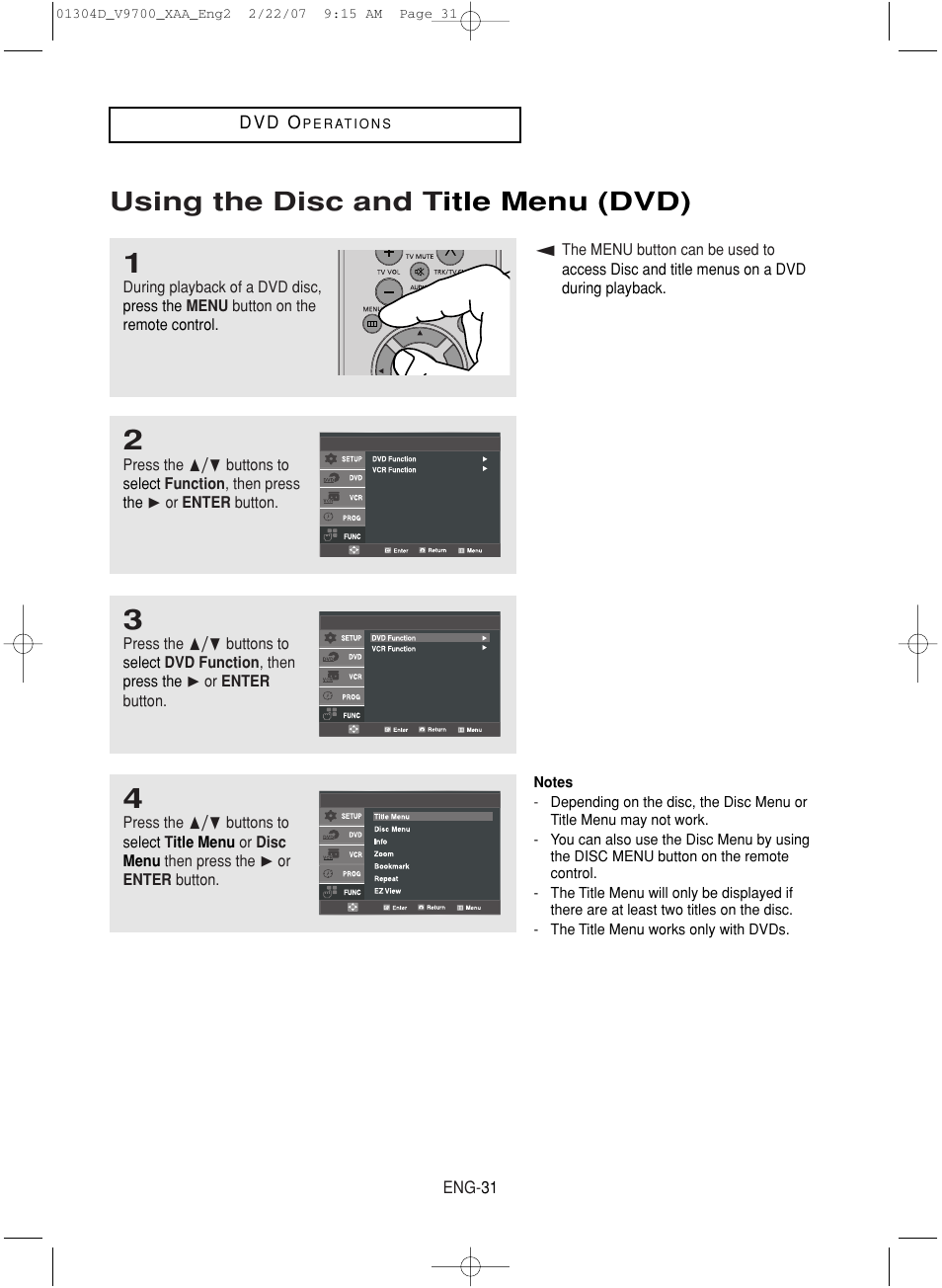 Using the disc and title menu (dvd), Using the disc and t itle menu (dvd) | Samsung DVD-V9700-XAA User Manual | Page 31 / 88