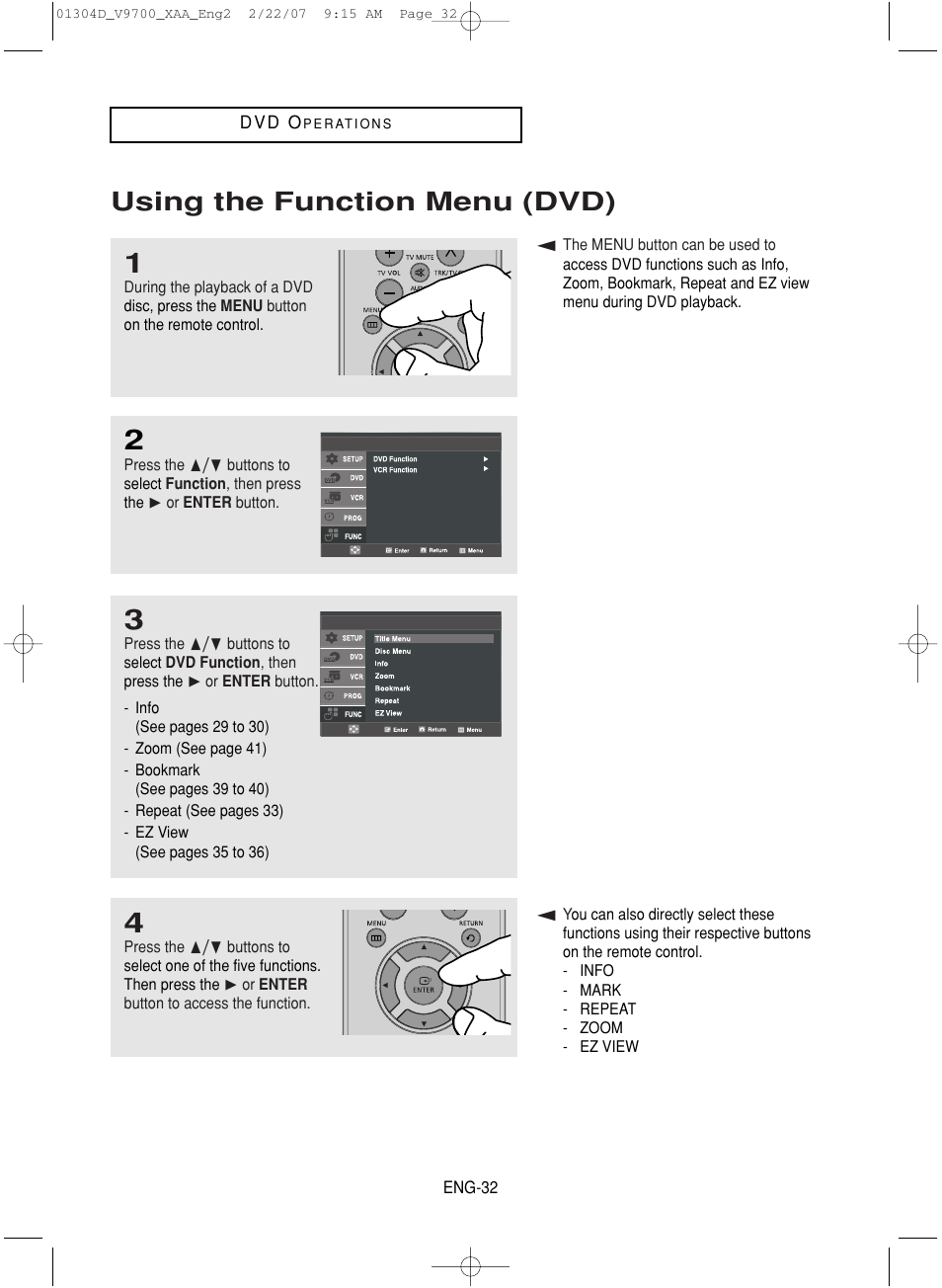 Using the function menu (dvd) | Samsung DVD-V9700-XAA User Manual | Page 32 / 88