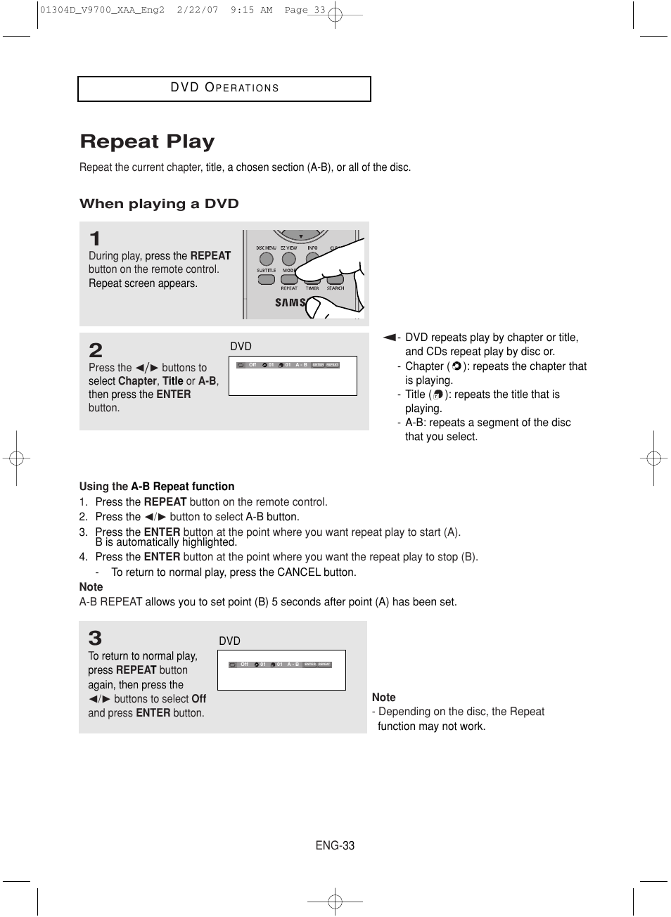 Repeat play | Samsung DVD-V9700-XAA User Manual | Page 33 / 88