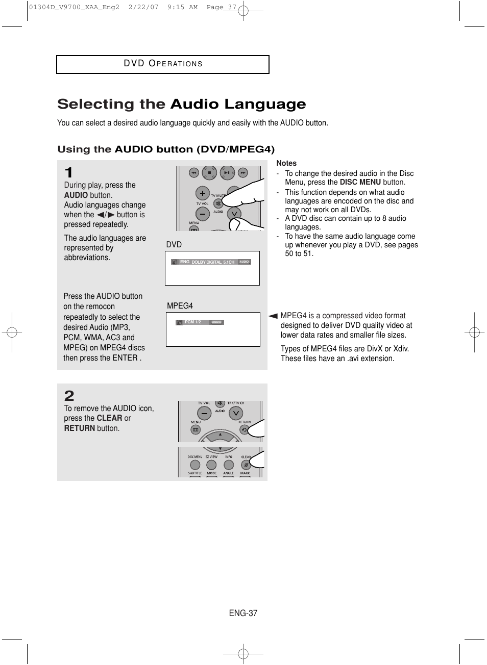 Selecting the audio language | Samsung DVD-V9700-XAA User Manual | Page 37 / 88