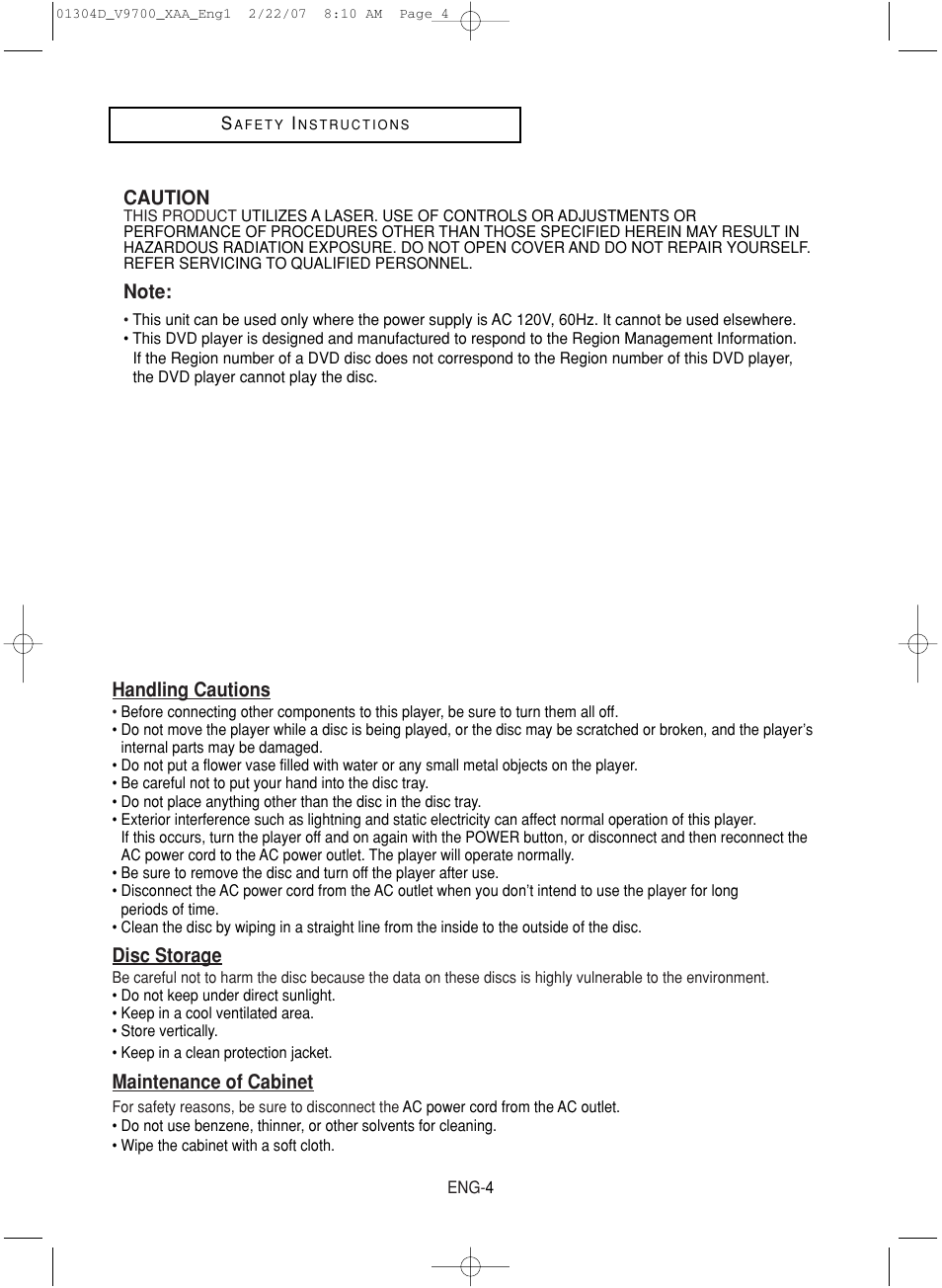 Caution, Handling cautions, Disc storage | Maintenance of cabinet | Samsung DVD-V9700-XAA User Manual | Page 4 / 88