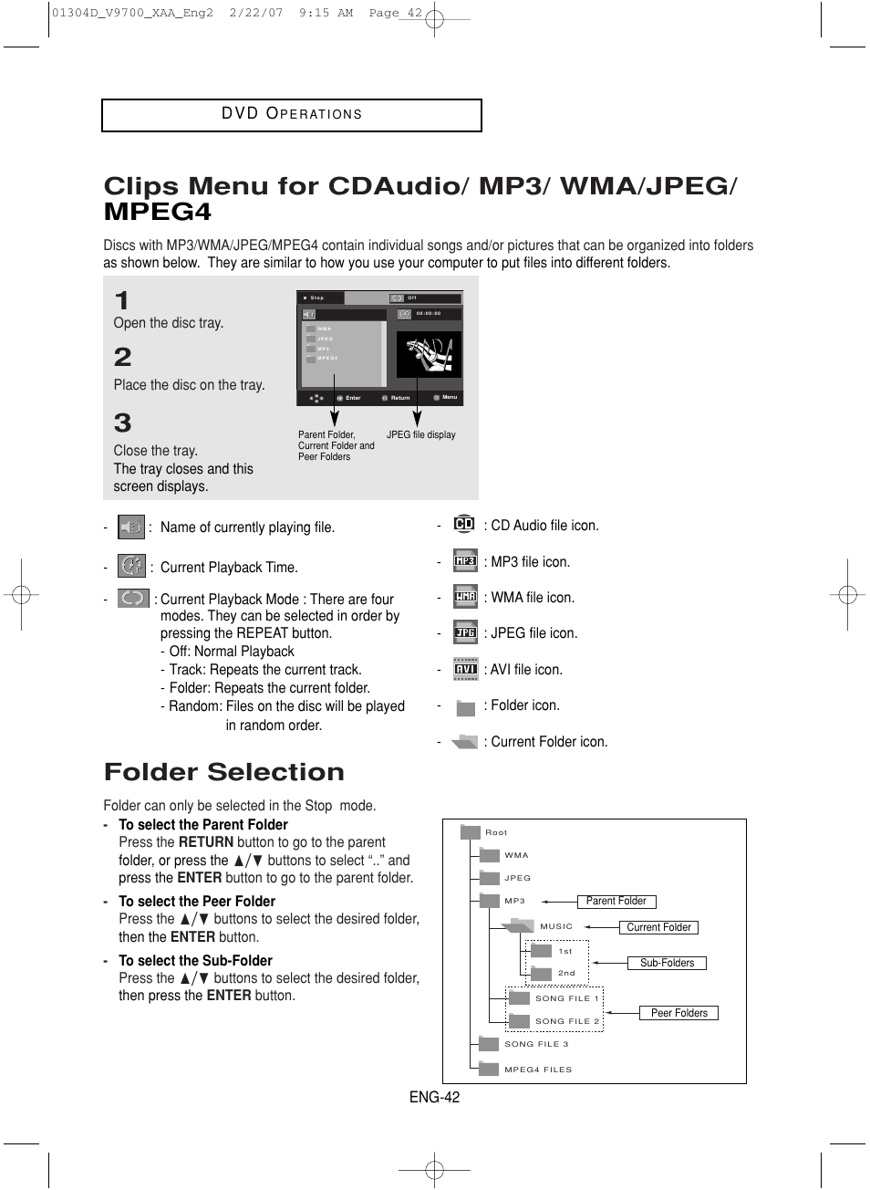 Clips menu for cdaudio/ mp3/ wma/jpeg/mpeg4, Folder selection, Clips menu for cdaudio/ mp3/ wma/jpeg/ mpeg4 | D v d o | Samsung DVD-V9700-XAA User Manual | Page 42 / 88