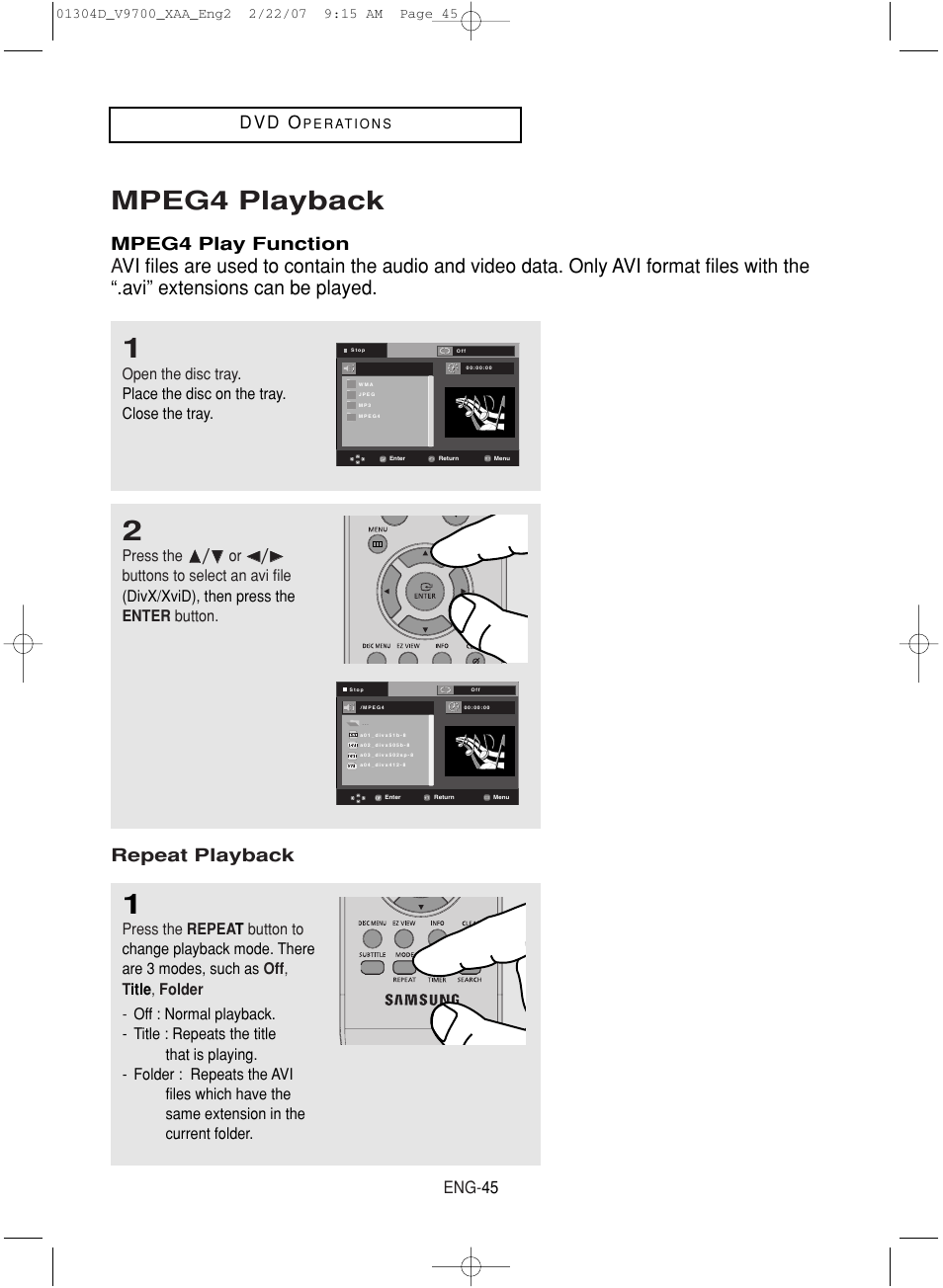 Mpeg4 playback, D v d o, Mpeg4 play function | Repeat playback, Eng- 45 | Samsung DVD-V9700-XAA User Manual | Page 45 / 88