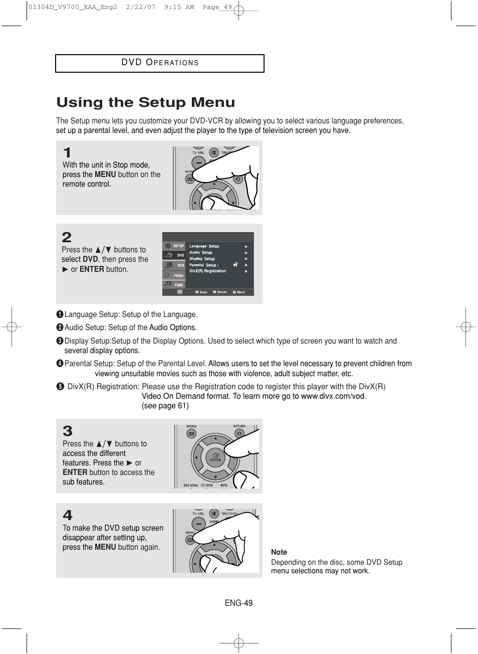 Using the setup menu | Samsung DVD-V9700-XAA User Manual | Page 49 / 88