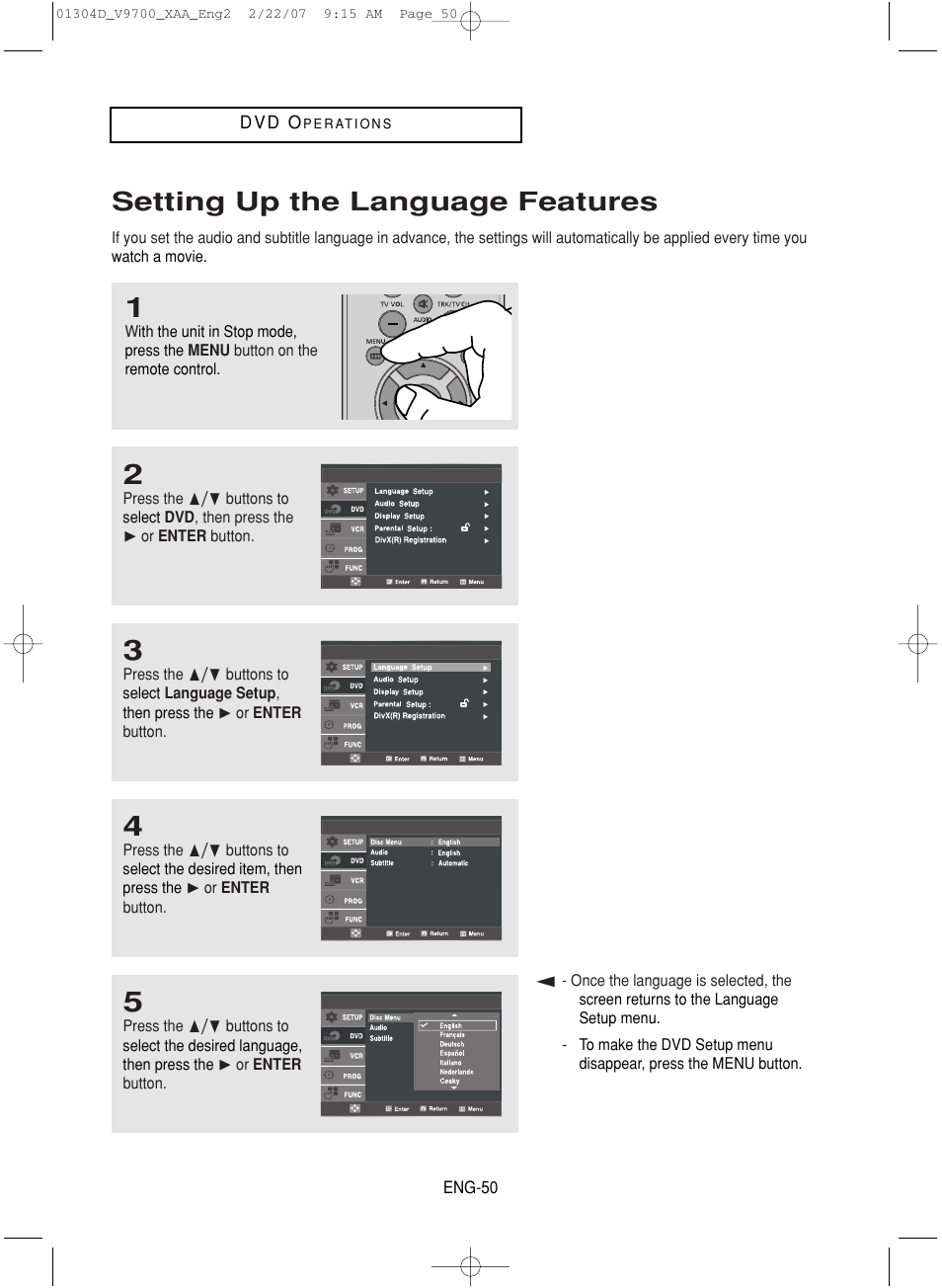 Setting up the language features | Samsung DVD-V9700-XAA User Manual | Page 50 / 88