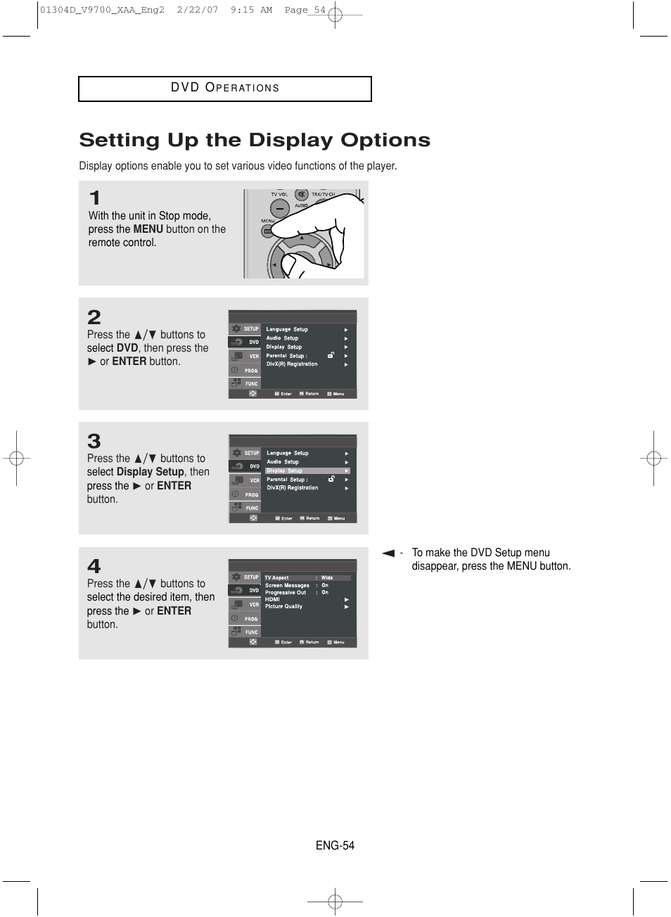 Setting up the display options | Samsung DVD-V9700-XAA User Manual | Page 54 / 88