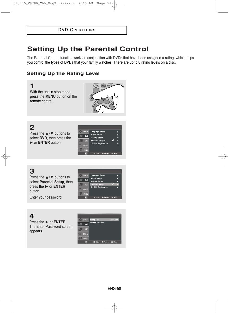 Setting up the parental control | Samsung DVD-V9700-XAA User Manual | Page 58 / 88