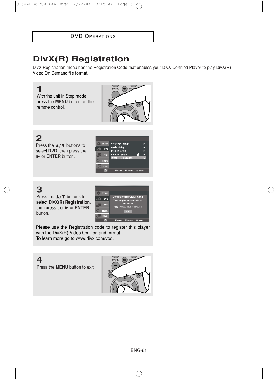 Divx(r) registration | Samsung DVD-V9700-XAA User Manual | Page 61 / 88