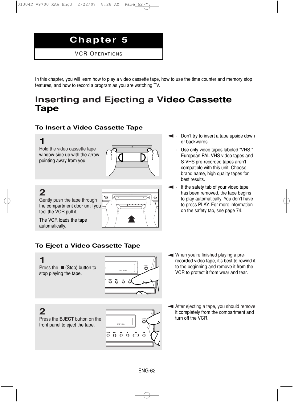 Chapter 5 : vcr operations, Inserting and ejecting a video cassettetape, Inserting and ejecting a v ideo cassette tape | Samsung DVD-V9700-XAA User Manual | Page 62 / 88