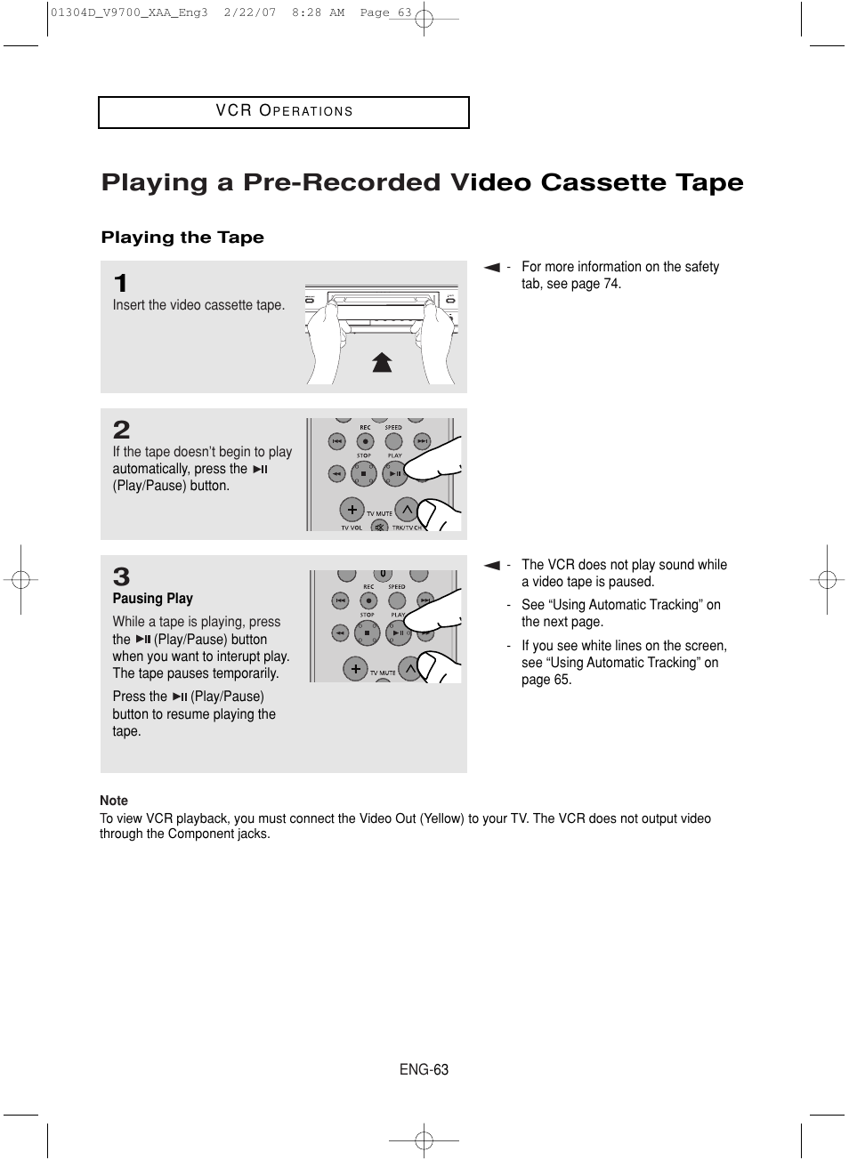 Playing a pre-recorded video cassette tape, Playing a pre-recorded v ideo cassette tape | Samsung DVD-V9700-XAA User Manual | Page 63 / 88