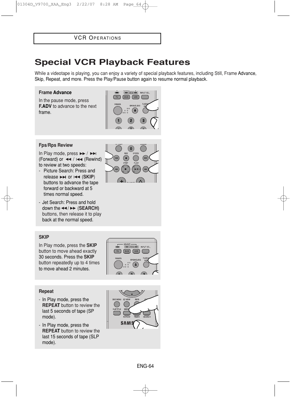 Special vcr playback features | Samsung DVD-V9700-XAA User Manual | Page 64 / 88