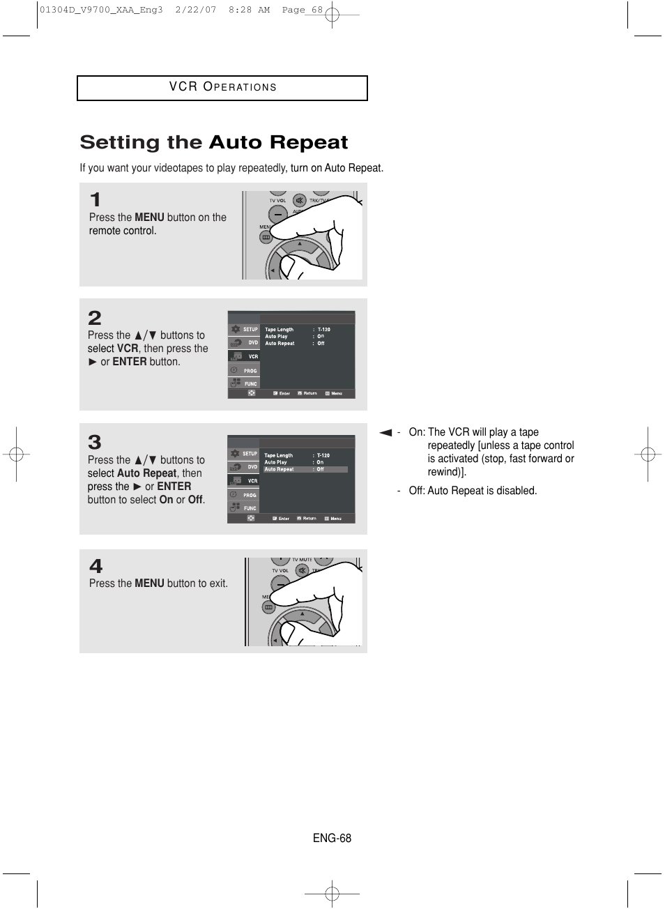 Setting the auto repeat | Samsung DVD-V9700-XAA User Manual | Page 68 / 88