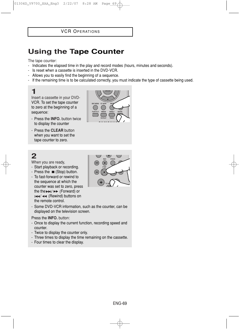 Using the tape counter, Using the t ape counter | Samsung DVD-V9700-XAA User Manual | Page 69 / 88